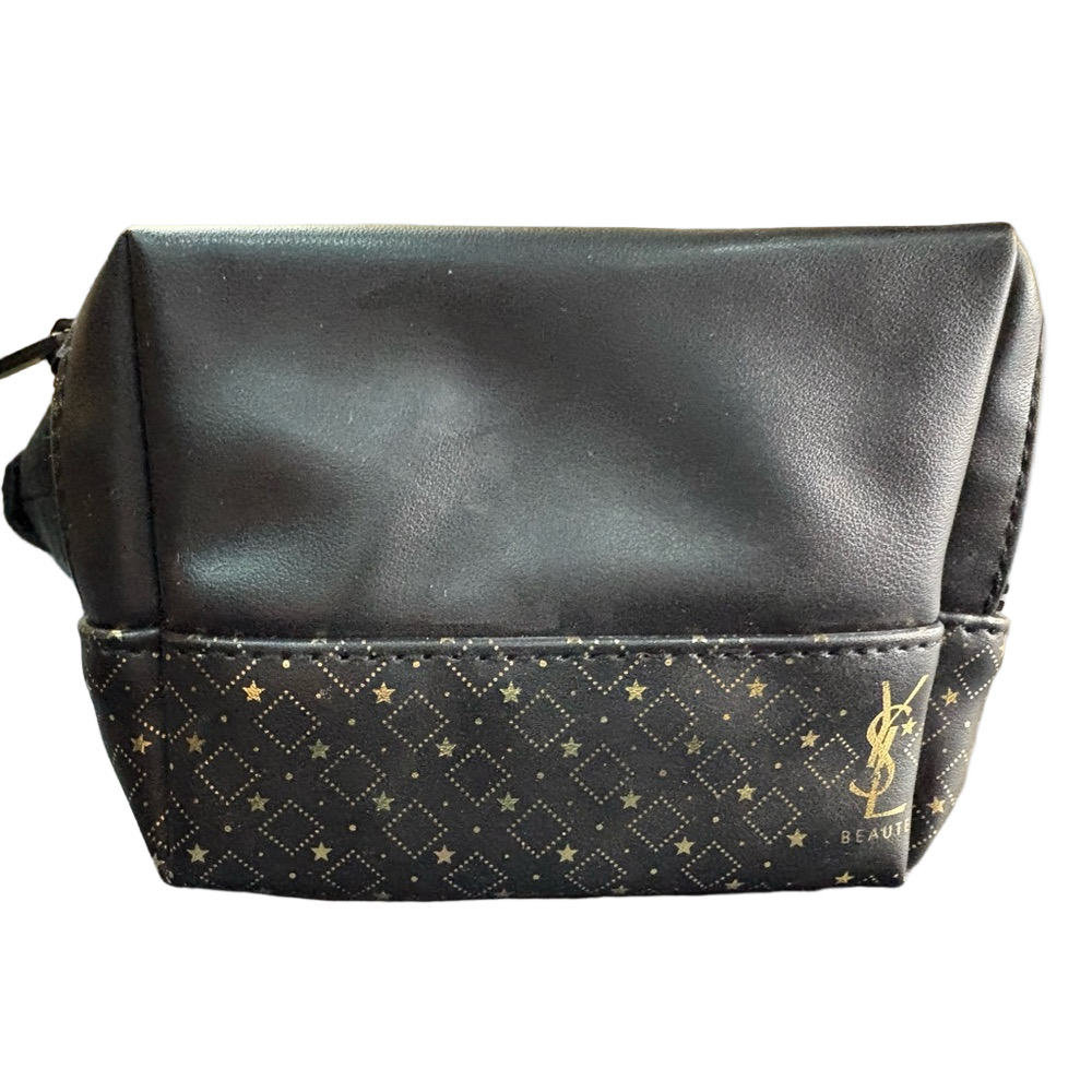 YSL Beauté Black Cosmetic Bag Gold Star Print Makeup Pouch NWOT
